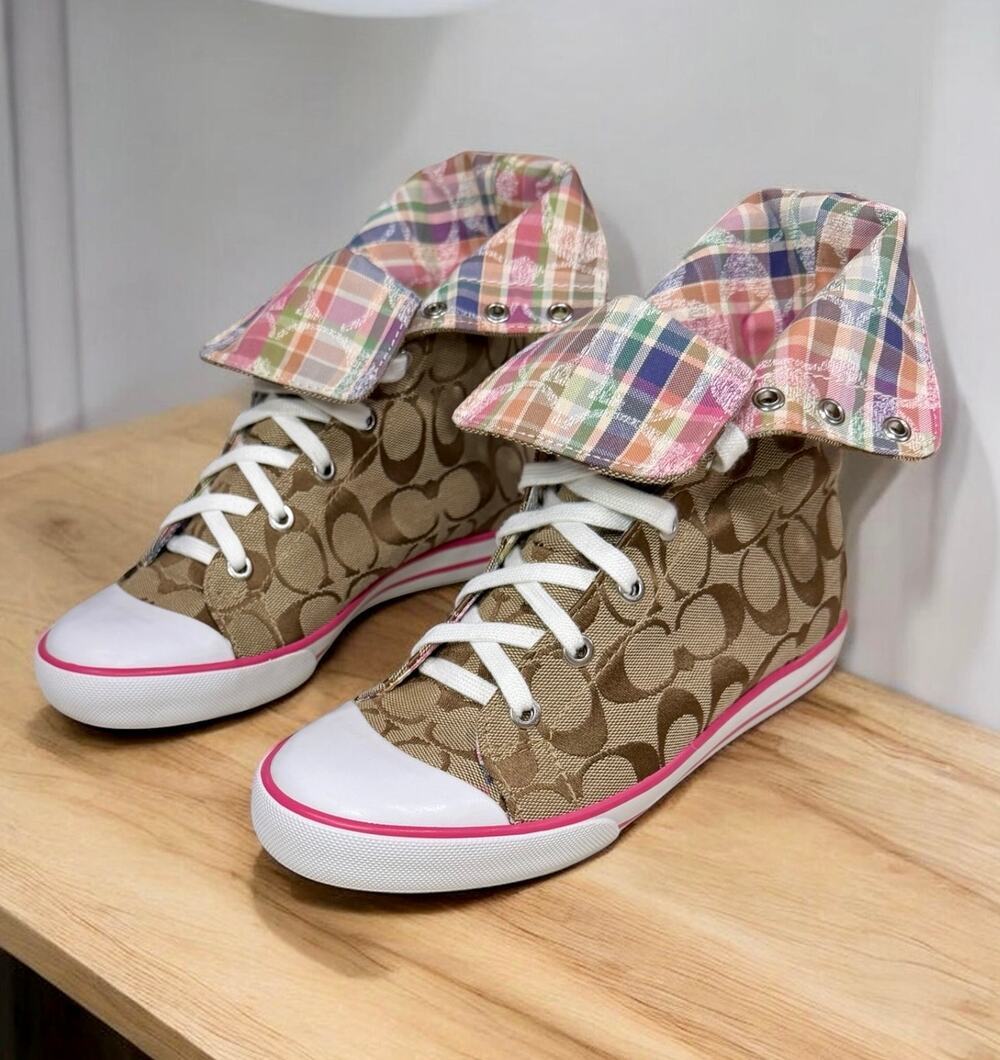 Y2K Coach Q1456 Bonney Signature Madras Print High Top Sneaker Size 7.5B